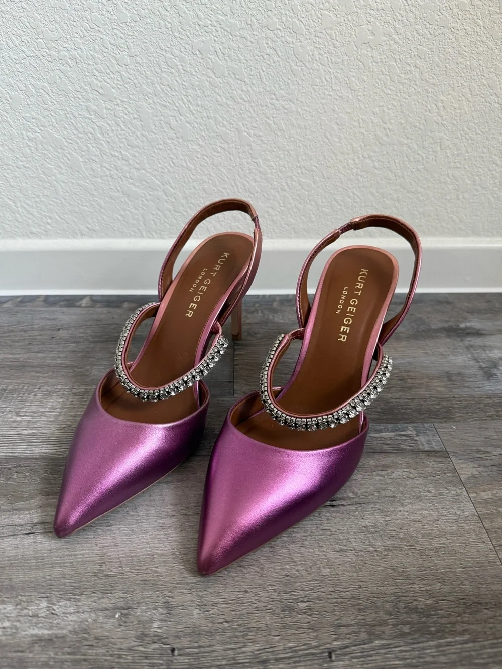 Kurt Geiger Metallic Magenta Slingback Heels with Crystal Strap